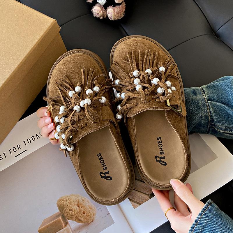 Big Head Pearl Bag Head Half Slippers Women's New Outer Wear Lazy Casual Single Shoes Platform Spring and Summer