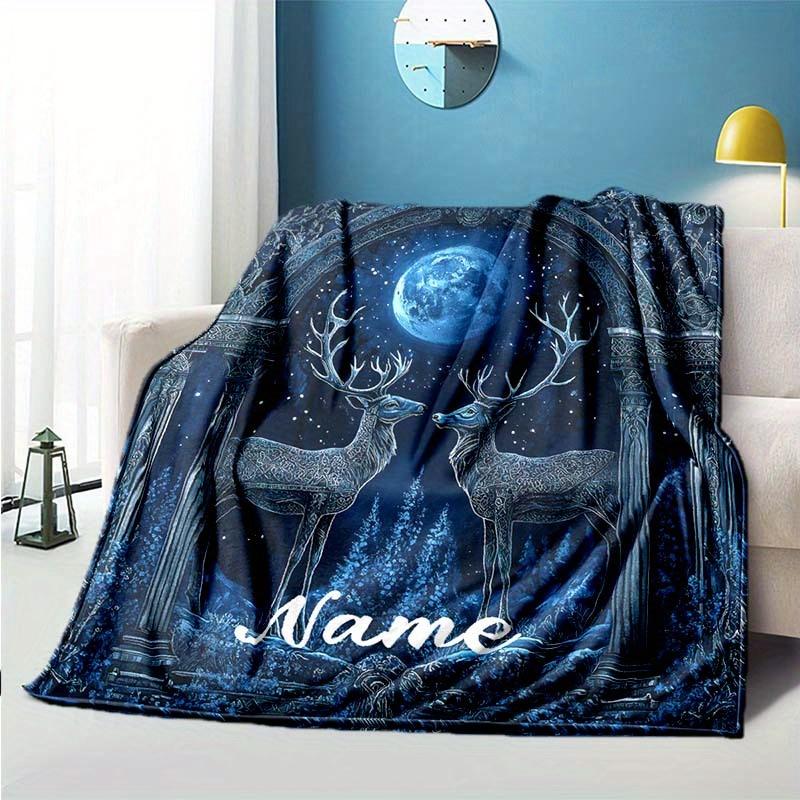 Deer Under The Moon Customize Your Name Blanket Used For Chair Office Sofa Bed Camping Soft And Warm Giving Friends And Relatives Birthday Graduation