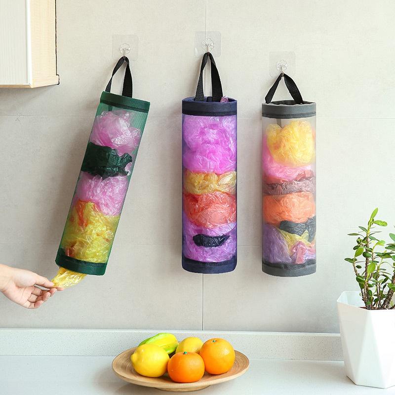 Mesh Hanging Storage Dispensers Foldable Breathable Washable Hanging Mesh Garbage Bag Organizer for Kitchen Plastic Bag Storage
