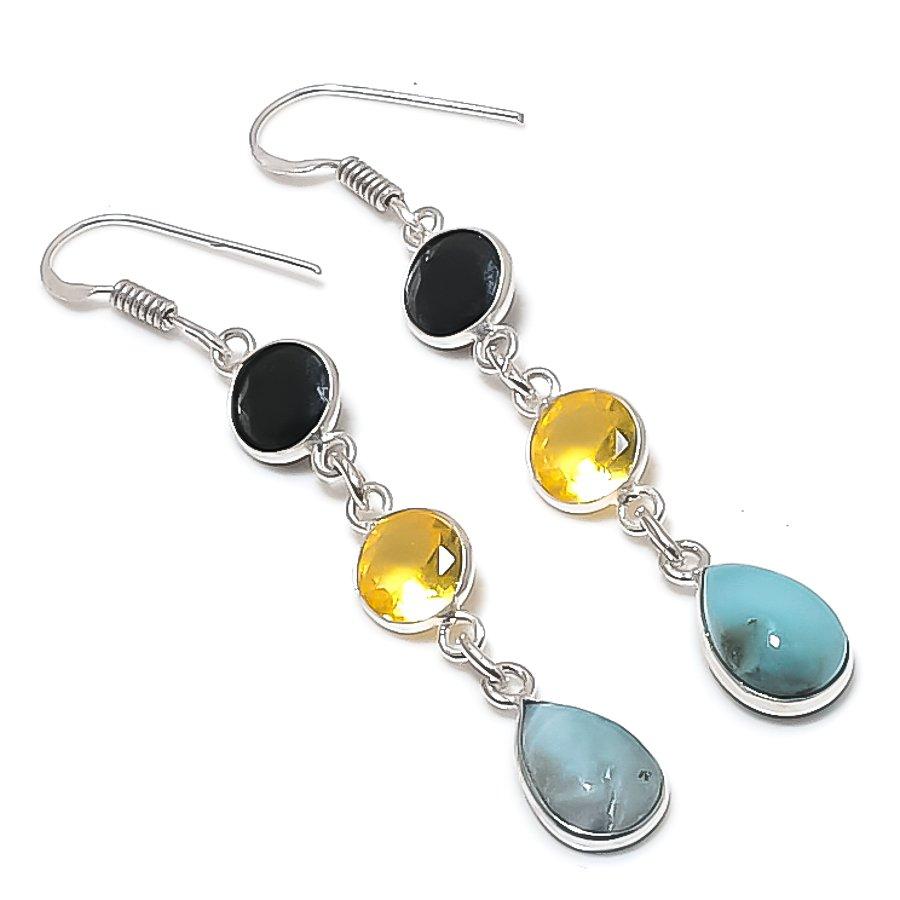 

Натуральный Ларимар, Цитрин Драгоценный камень 925 Стерлинговое серебро Серьга 2,48 R4M58