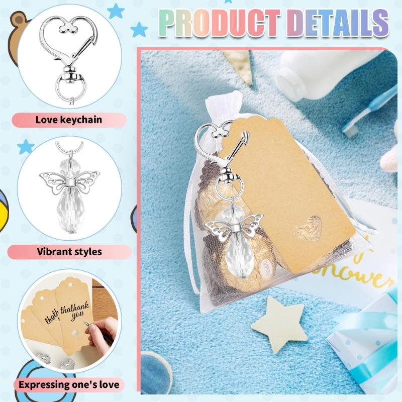 30Pcs Angel Wing Charm Keychain Decorative Key Holder with Drawstring Gauze Bag and Labels for Baby Showers Wedding
