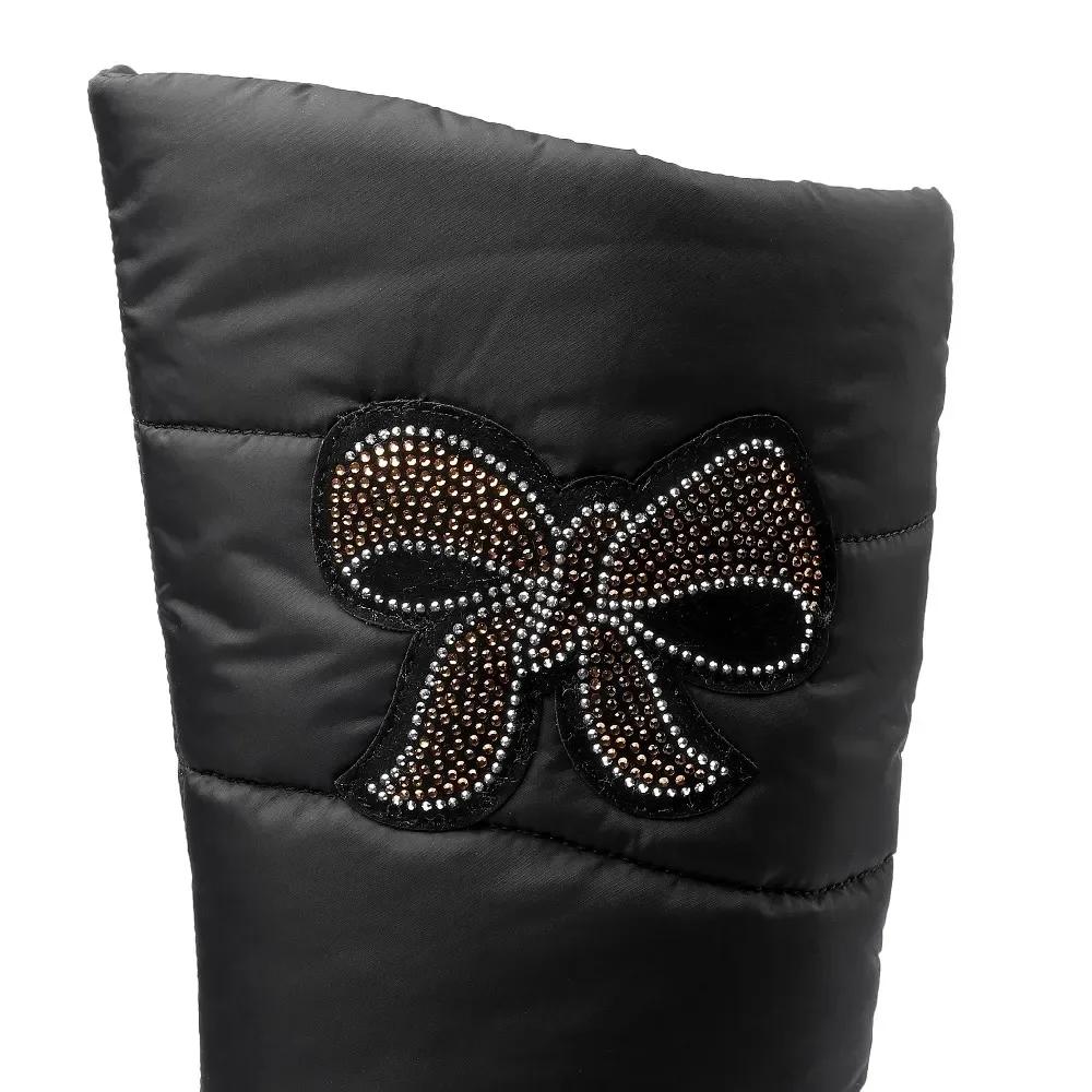 Botas de Neve Femininas Quentes de Inverno Vermelhas até o Joelho com Pelo Aplicação de Cristal Preto Impermeável Penas Senhora Zíper Plataforma Salto Cunha Botas Longas