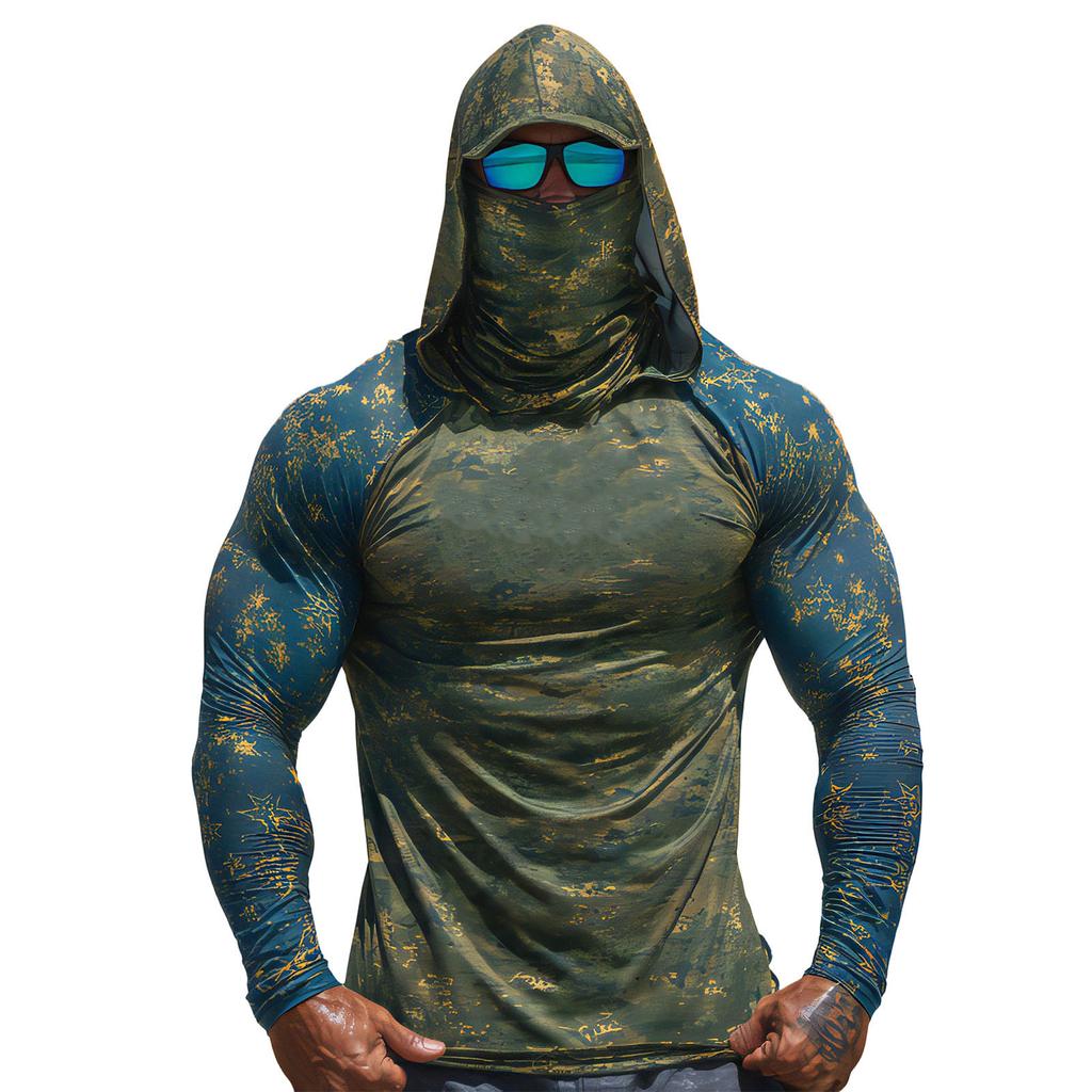 Men’s Long Sleeve Hooded Shirt with Face Covering Lightweight Stretch Fabric Pullover for Outdoor Activities UV Protection