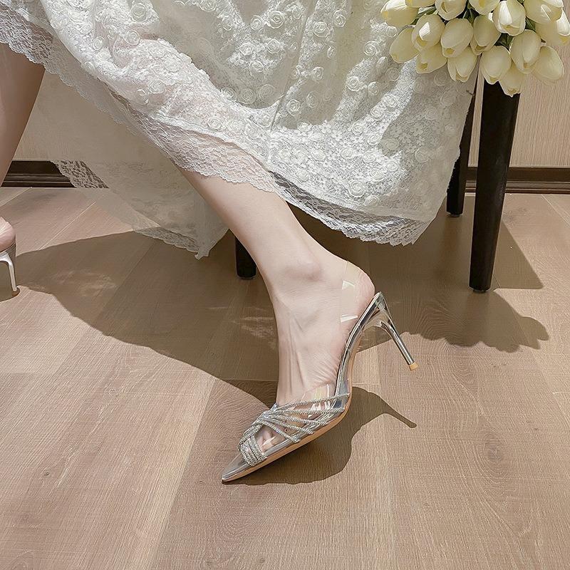 -1 Huizhou women's shoes summer pointed versatile not tired feet sandals rhinestone transparent stilettos