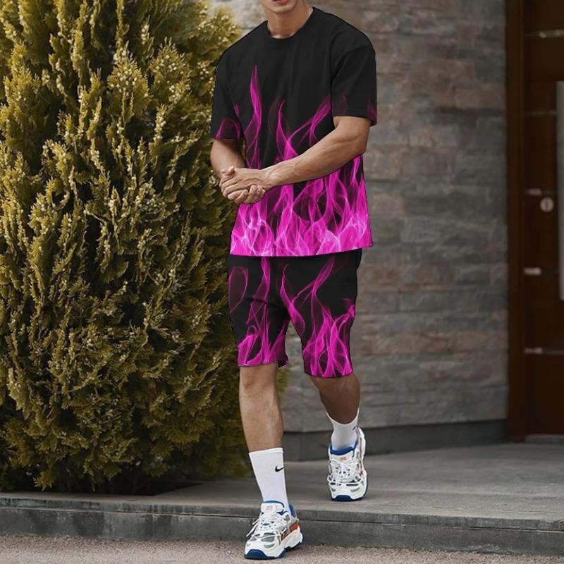 Summer New Men's Short Sleeved Shorts T-shirt Set with 3D Printed Flame Pattern Casual T-shirt Set with Fashionable Sweatshirt