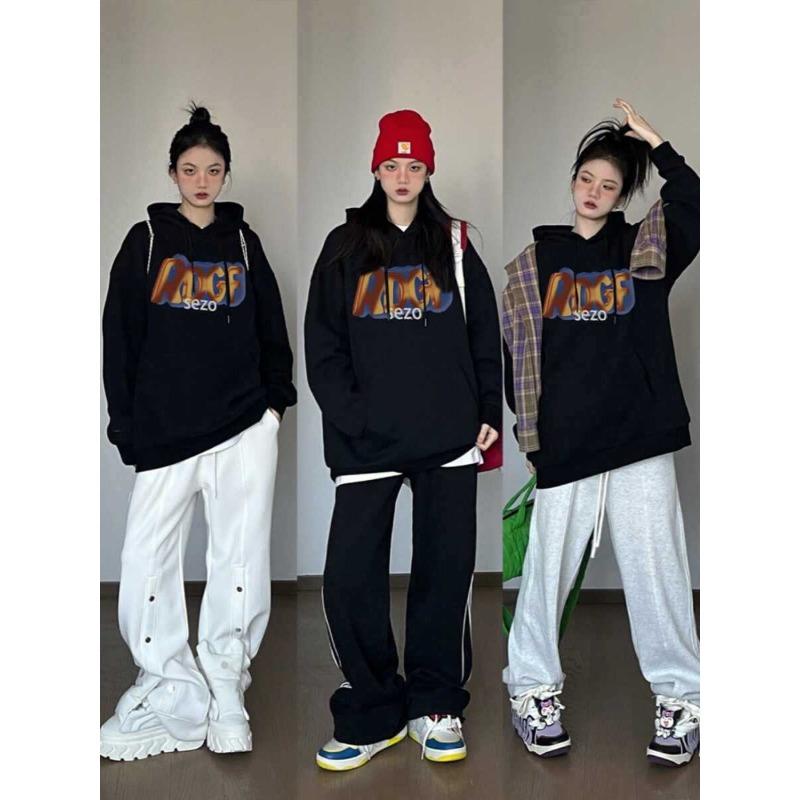 Autumn Winter Loose Casual Letter Printing Hoodies Women Fashion Simple Black Hooded Sweatshirt Pullover Top