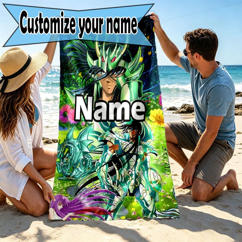 Custom Name Personalized Saint Seiya Print Beach Towel, for Trip Camping Beach Party Home Decor, Birthday Gift for Family & Friends