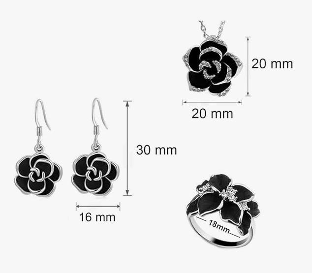Ювелирный набор  Черная роза и камелия  с кристаллами, позолоченный: Серьги, Ожерелье, Кольцо серебряный
