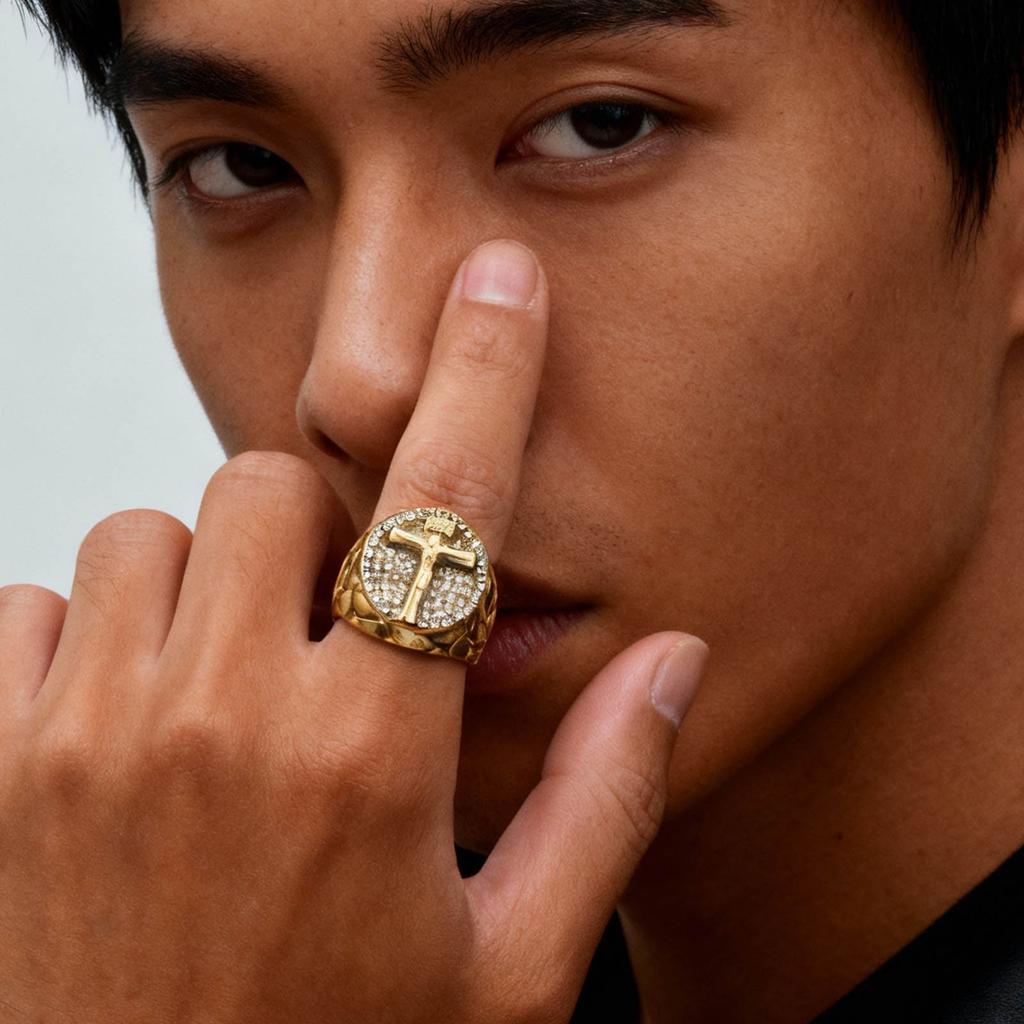 Gold Color Crucifix Jesus Cross Rings for Men,Hip Hop Stainless Steel Signet Ring with Full Rhinestone,Rapper Party Jewelry Gift