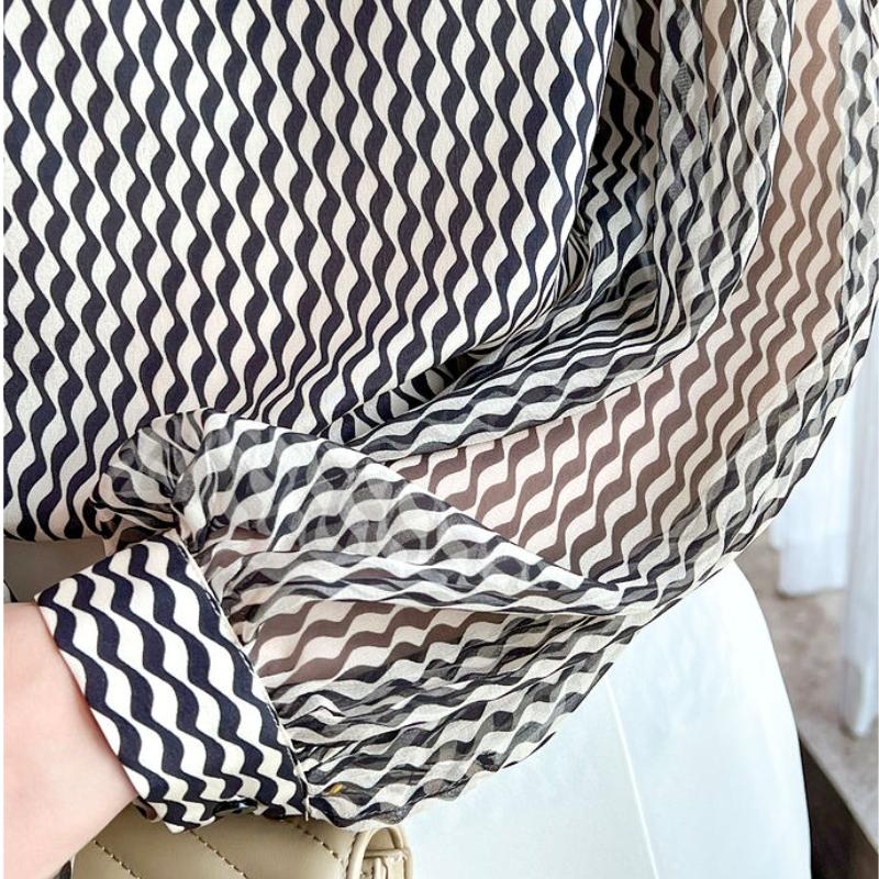 Fashion Women Tops Spring Summer Top Stylish Women's Chiffon Blouse Chic Casual Long Sleeve Vintage Stripe Shirt