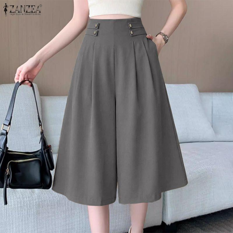 ZANZEA Womens Casual Solid Color Loose A-line Wide Leg Capris Pants