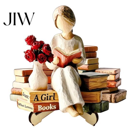 Stable Base Wooden Craft Reading Girl Figurine, Pastoral Style Statue Desktop Hand Painted Home Accessory Decor, Artistic Healing Ornament,