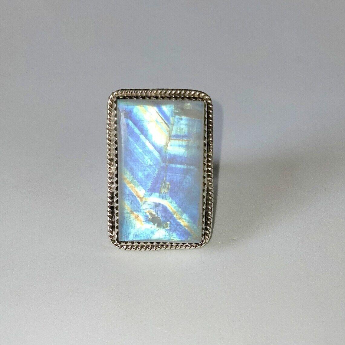 

Кольцо с радужным лунным камнем, твердое кольцо из стерлингового серебра 925 пробы, кольцо ручной работы, размер: все FR-147