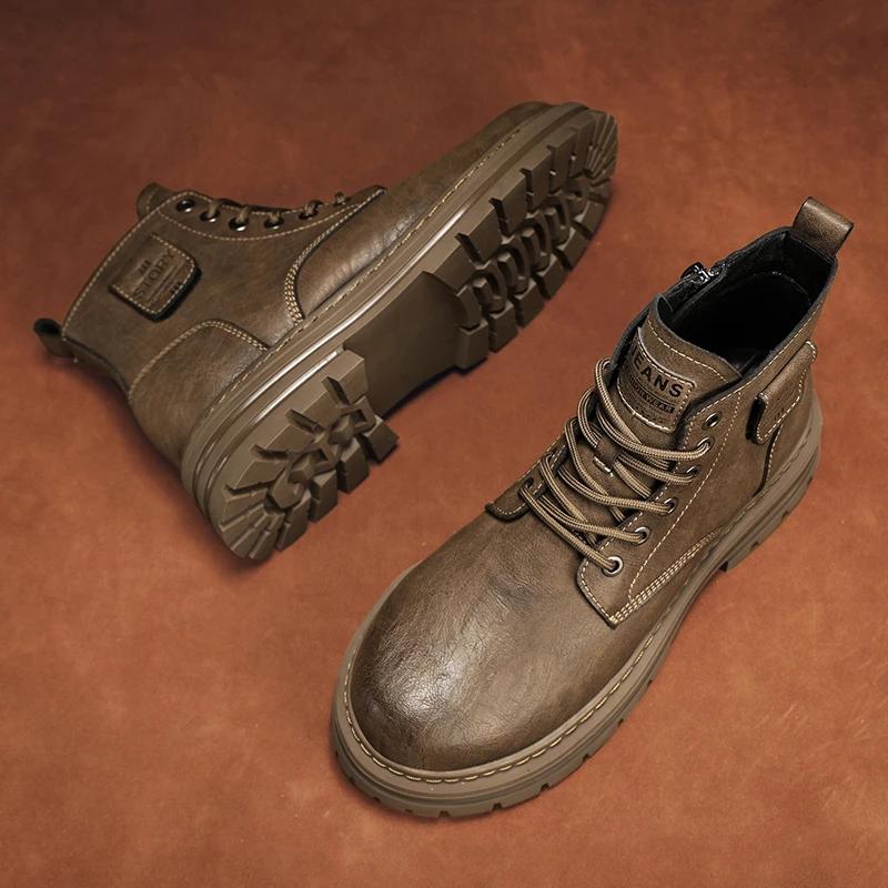 Italian Men Casual Leather  Boots 2024 New Classic Flat Designer Antiskid Ankle Boots Platform Rubber Lace-up Round Toe Boots