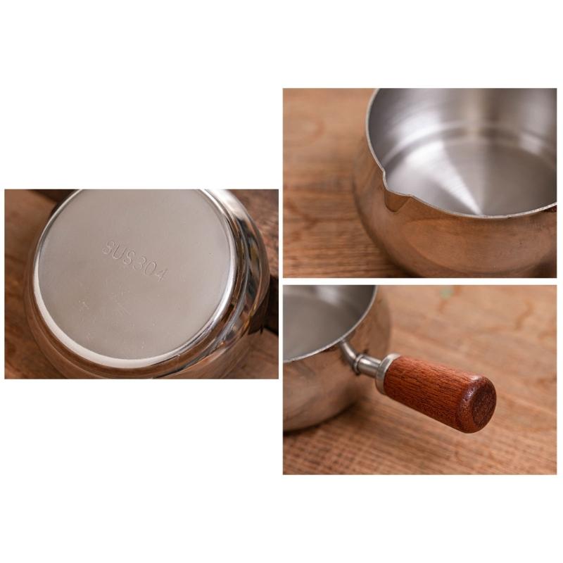 Stainless Steel Pouring Cups With Wooden Handle Stackable Dip Saucers For Heating Butter And Preparing Coffee