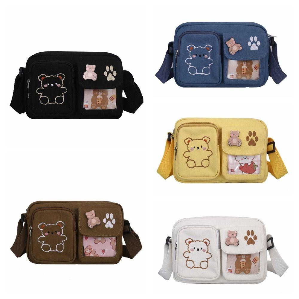 Embroidery Bear Canvas Shoulder Bag Solid Color Shoulder Bag Cute Transparent Itabag  Gift