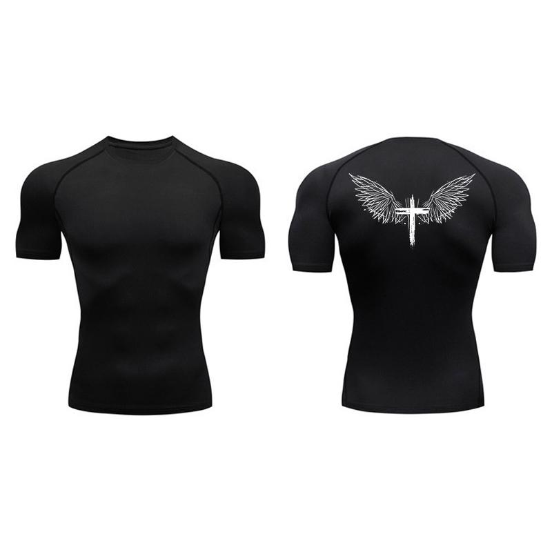 Cross Print Short Sleeve Compression Shirts for Men Athletic Quick Dry Tees Tshirt Gym Workout Running Undershirts Baselayers