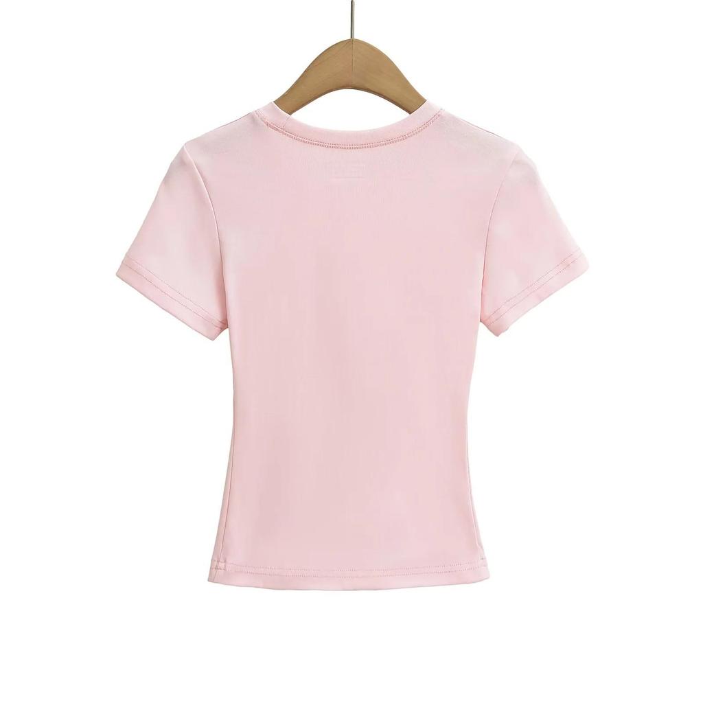 Retro Solid Color Slim Fit Crop Top with Round Neck & Short Sleeves
