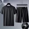 2Pcs/Set Men Casual Outfit O-neck Short Sleeve T-shirt Elastic Waist Wide Leg Shorts Set Solid Color Ice Silk Loose Fit Sportswear
