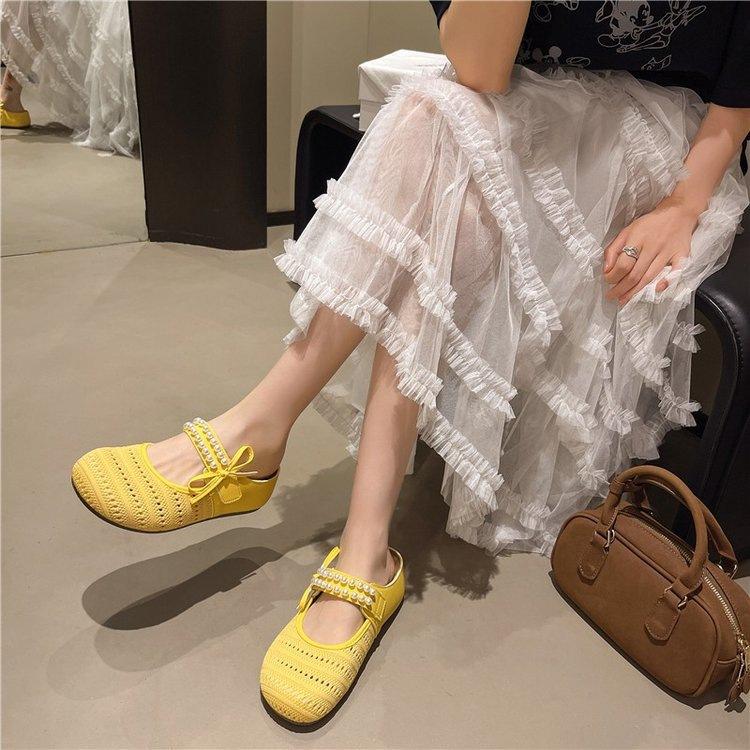 Baotou Slippers Wear Women's Heightening Pearl Birkencool Slippers with One Pedal, Breathable Mesh Flying Weaving 2025 Summer New Models