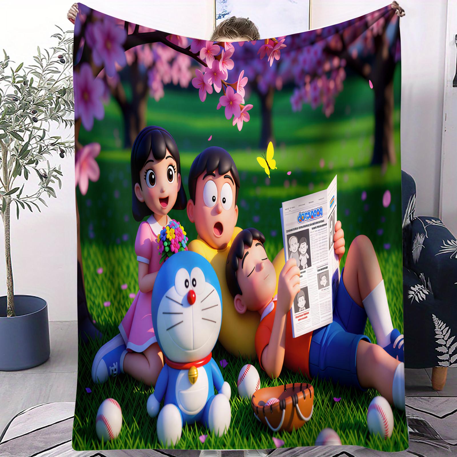 

Cute Cartoon Kawaii Doraemon Cherry Blossom Picnic Flannel Throw Blanket for Adult Quality Soft Warm Blanket for Picnic Home 70x100cm