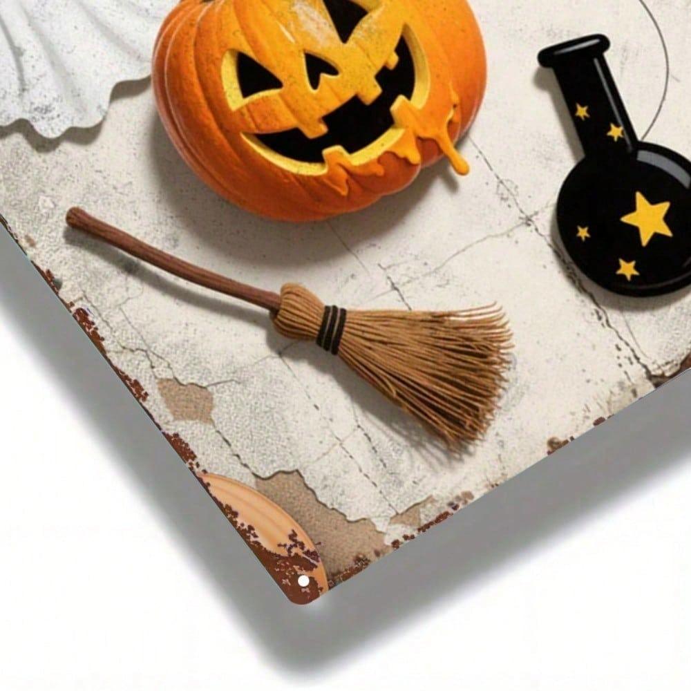 1pc Halloween Metal Sign 8x12in Pumpkin Ghost Broom Vintage Wall Decor for Home Office Gym Bedroom