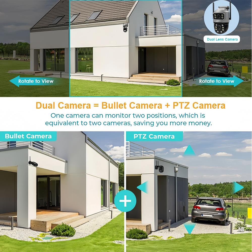 Cameră IP 4K PTZ de 8MP pentru exterior, cu lentile duble, cu ecran dublu, cartelă SIM 4G, detecție umană AI de înaltă definiție, monitorizare video de securitate