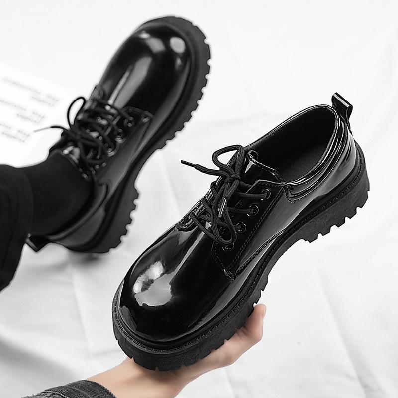 Autumn new black round head low-top dress work casual leather shoes thick sole heightening glossy British style men's leather shoes