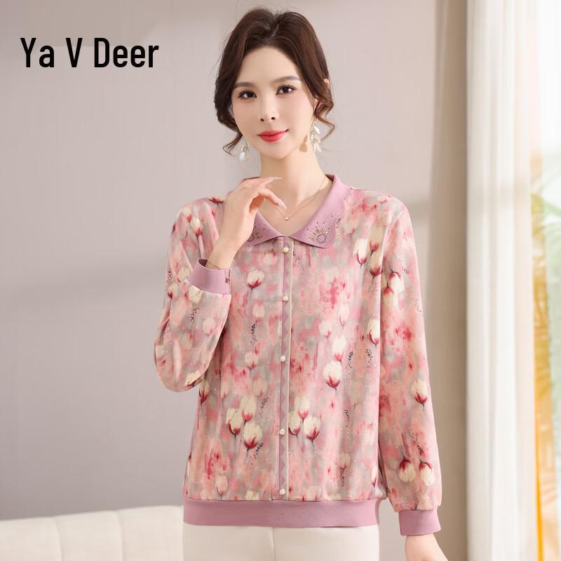 Yalou Women s Floral Print Lapel Long-Sleeve T-Shirt 4XL