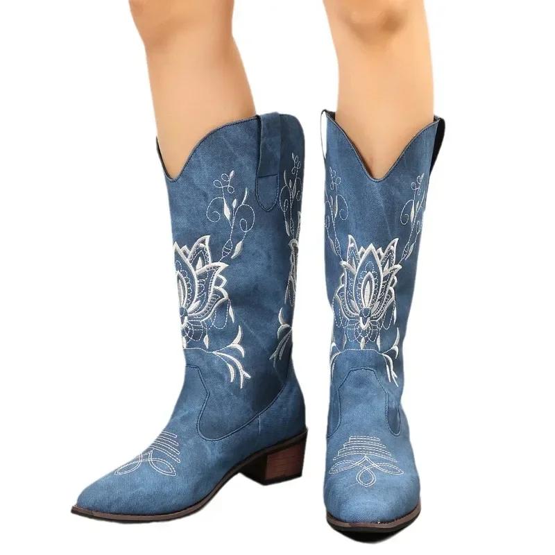Mode Retro Spitz Zehen Knöchel Stiefel Winter Neu Blau Canvas Denim Stiefel Damen Lässig Bestickte Western Cowboy Stiefel Botines Mujer