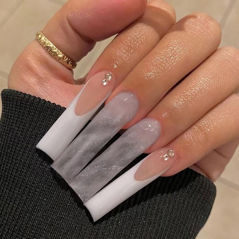 Clear French Tip Press-On Nails Long Rectangle Style Gel Adhesive Fake Women