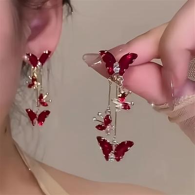 Simplicity Long Earrings With Synthetic Zircon For Everyday And Banquet Stylish Earrings Suitable For All Seasons Red Butterfly Elegant And Sexy