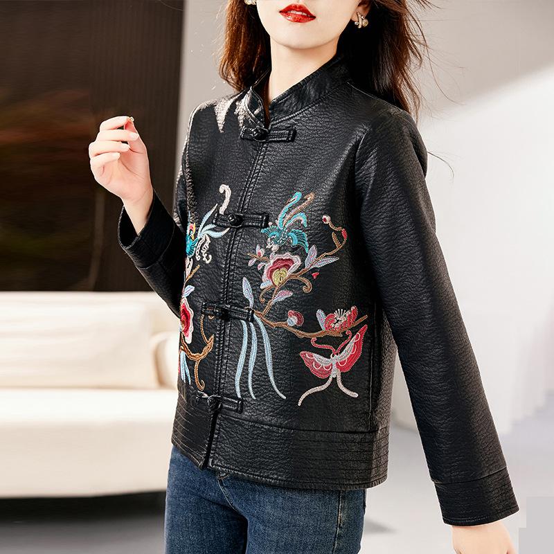 Hua Ge Di Qing Plus Velvet Leather Jacket for Women Winter 023 New Retro Ethnic Style Stand Collar Short Slim Leather Jacket