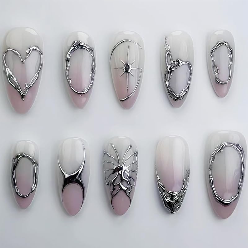 24pcs red Press on Nails Medium Almond Fake Nails with Luxury Glitter Love Heart Gems Design Fashion Retro Red Almond False Nails Ins Simple Red Irregular Silver Star Hea