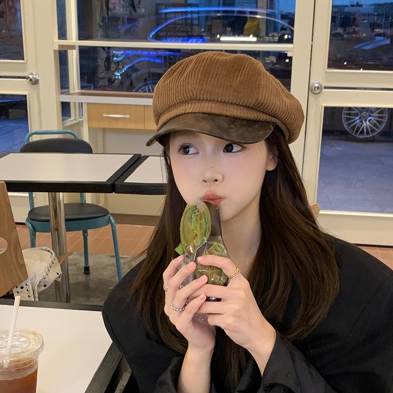 Literary Retro Octagonal Hat for Women in Autumn and Winter Corduroy Pu Leather Beret Showing Face Tabloid Hat British Painter Hat