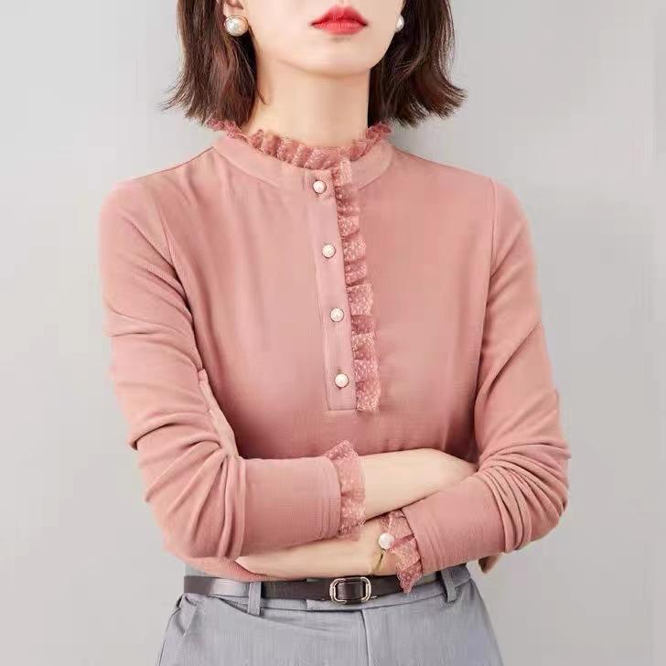 Threaded Double-sided Fleece Autumn and Winter Base Shirt for Women's Latest Standing Collar Lace Thickened Long-sleeved Inner Top
