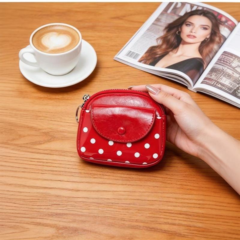 Polka Dot Portable Pu Leather Coin Purse Glossy Surface With Key Ring For Daily Shopping Travel