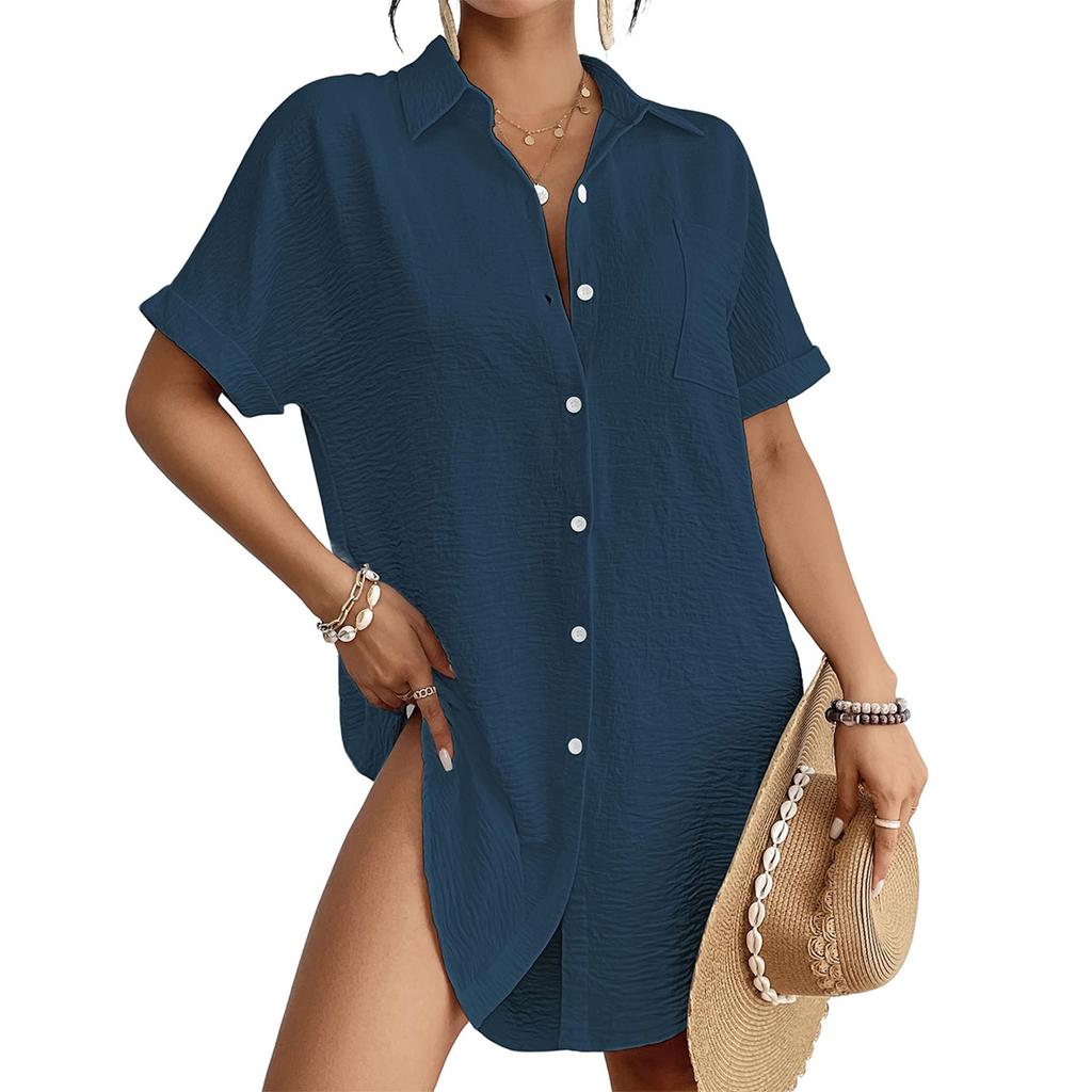 Women's Fashion Color Collar Button Loose Pocket Short Sleeve Long Shirt Top