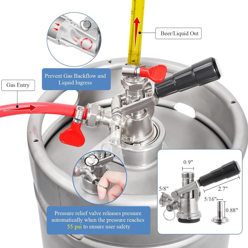 Keg Coupler for Sankey D System Beer Keg Tap Dispenser-304 Stainless Steel Probe, Beer Kegerator Tap D-Type Sankey Keg Coupler fit for I.D1/4", 3/16"