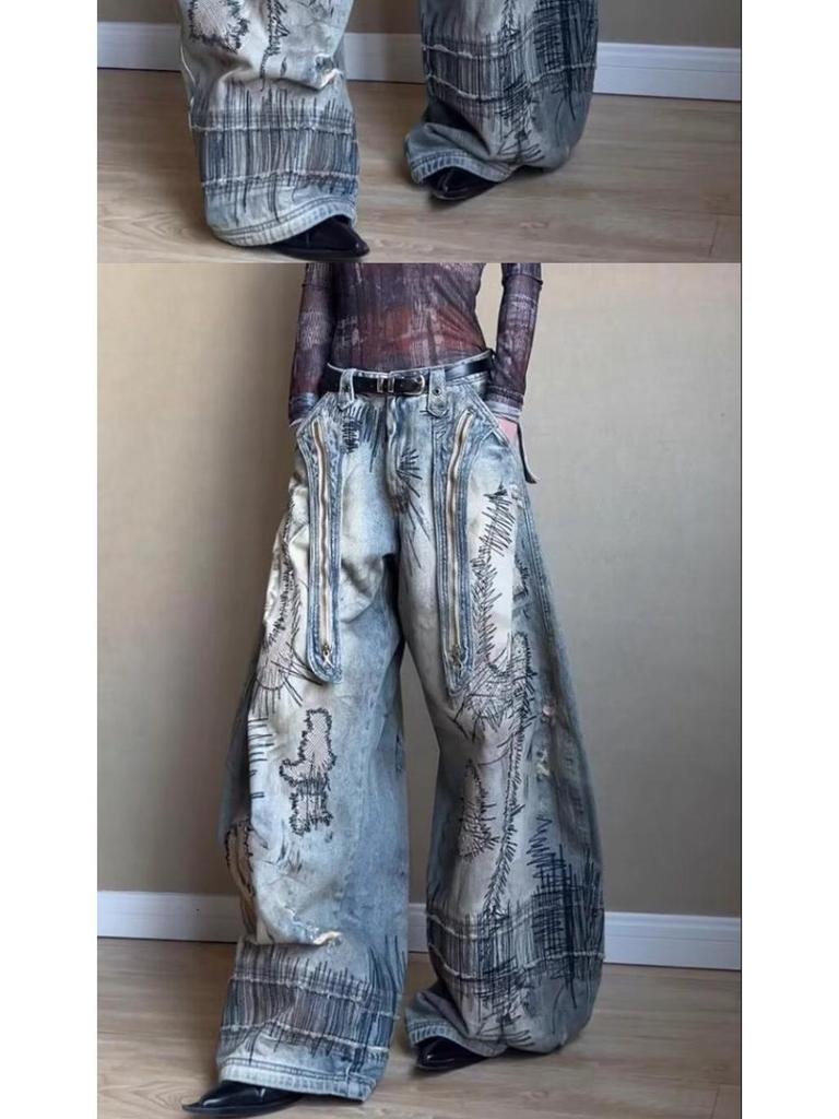 Women's Plus Size Retro Knife-Design Wide-Leg Jeans: Washed, Stained, Curved, Draping Long Pants