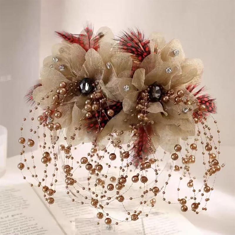 

Элегантный цветок из перьев с жемчужной кисточкой, заколка-акула, женский головной убор, аксессуары для волос, украшение