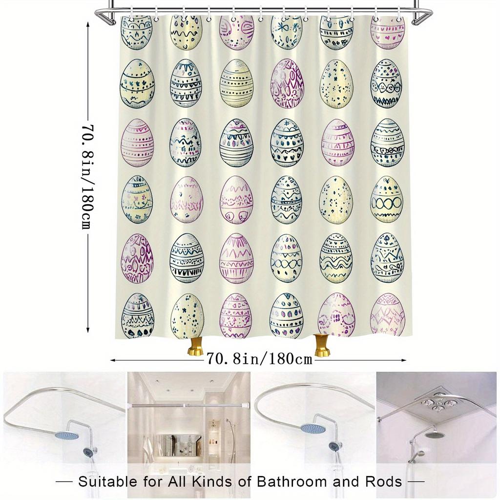 Easter Egg Shower Curtain - Hand-Drawn Whimsical Design, Blue, Pink & Purple Eggs On Pale Yellow, 12 Hooks