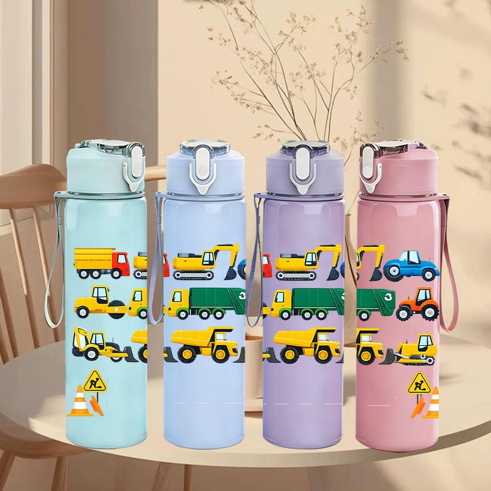 1PC Color Toy Truck Collection Print 750ml Color Plastic Sports Water Bottle Leakproof Flip Straw Lid Suitable for Sports Office Home Use