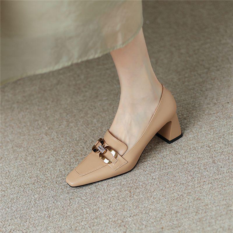 Nude loafers women's 2025 autumn new pointed high heels thick heel leather shoes niche design French single shoes
