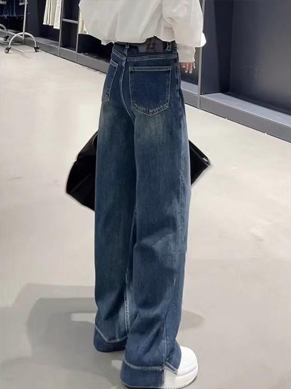 Women's Retro Blue High-Waisted Wide-Leg Jeans: Plus Size, Slimming, Versatile Straight-Leg, Autumn Style