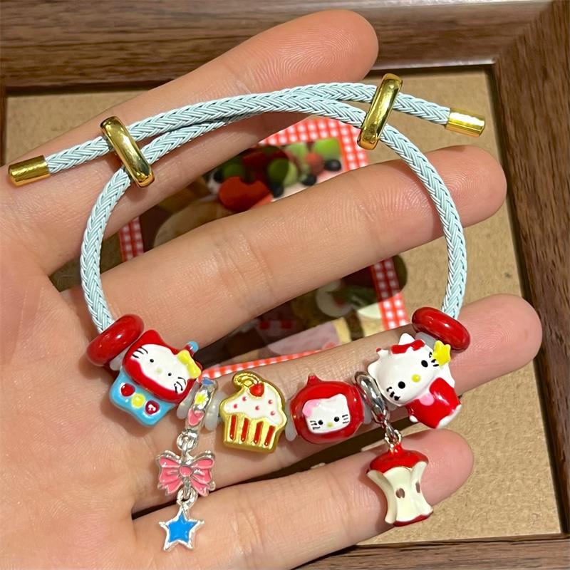 Brățară drăguță Sanrio Hello Kitty Fundă Măr Pandantiv Kt cu mărgele Cadouri de ziua de naștere Accesorii trendy girly Ajustabilă