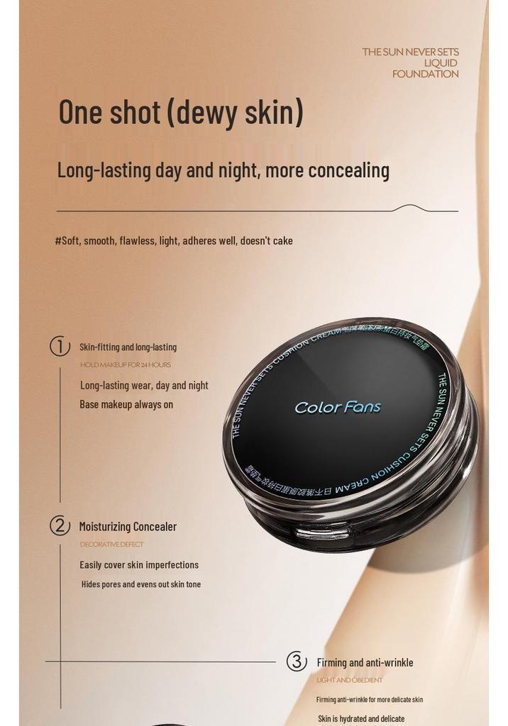 Mixed Color Day-to-Night Long-Lasting Collagen Cushion Foundation: Waterproof, Sweat-Proof, Non-Transferring, Concealing & Anti-Wrinkle.