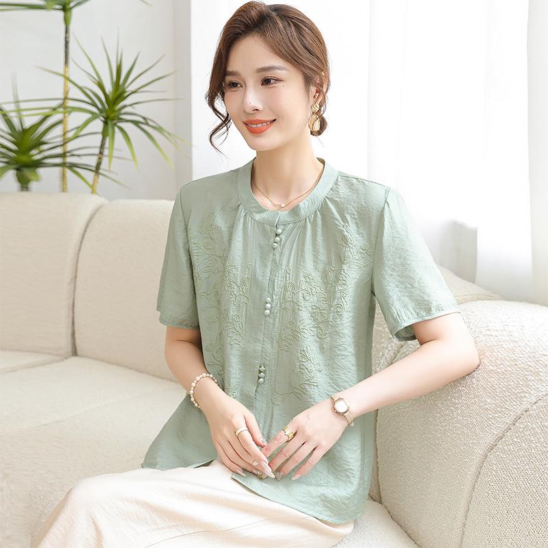 

Elegant 2026 Summer Chinese Style Top for Stylish Moms – Short Sleeve Solid Color Shirt for Middle-aged & Elderly Women XL (85-100jin) зелений