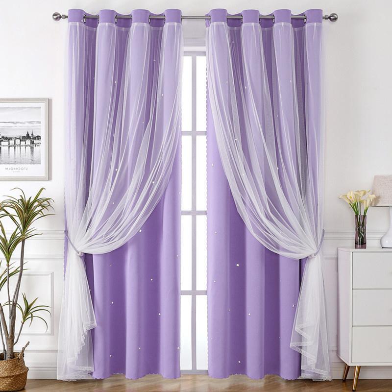 Lace Blackout Curtains Double Layer with Sheer Star Pattern Embroidery Thermal Insulated Curtain Princess Curtain Luxury Double Layer Curtains