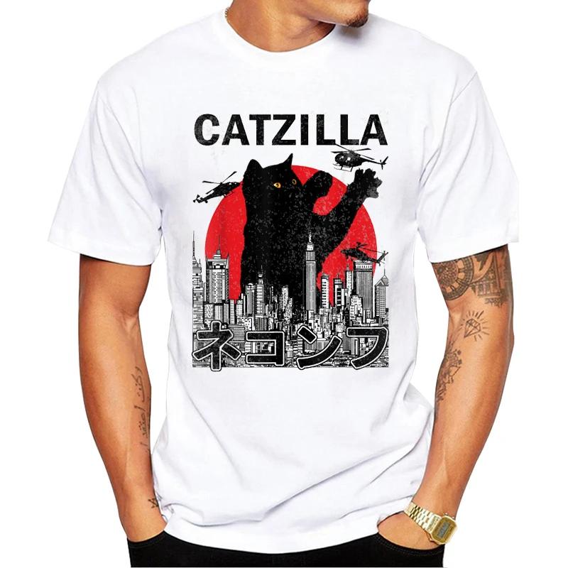 Sapextee Fashion Catzilla Men TShirt Cat Kitten Lover Printed Tshirts Short Sleeve Casual Tee Japanese Vintage Sunset Tops S